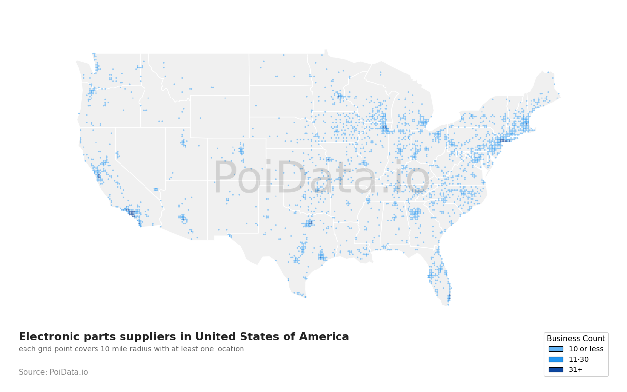 Electronic parts supplier density map for Nevada, United States