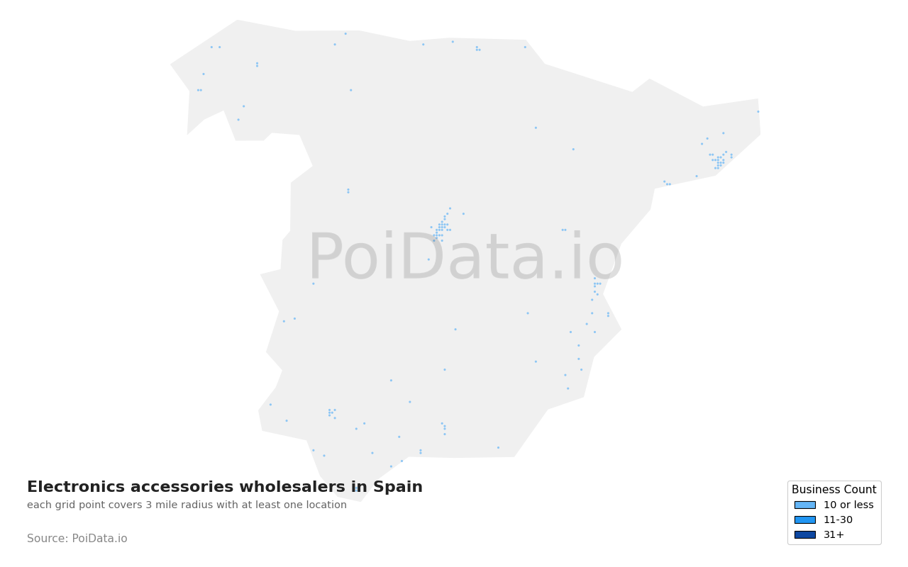 Electronics accessories wholesaler density map for Spain