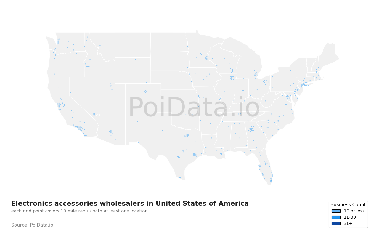 Electronics accessories wholesaler density map for United States