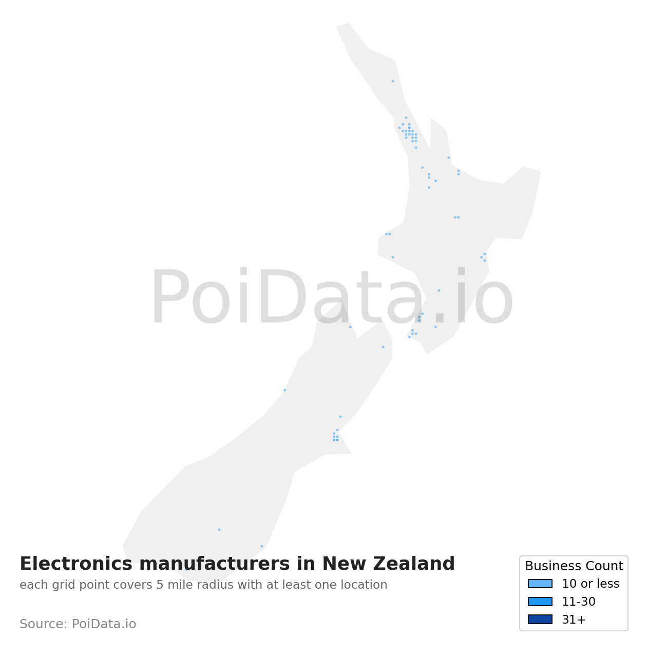 Electronics manufacturer density map for New Zealand