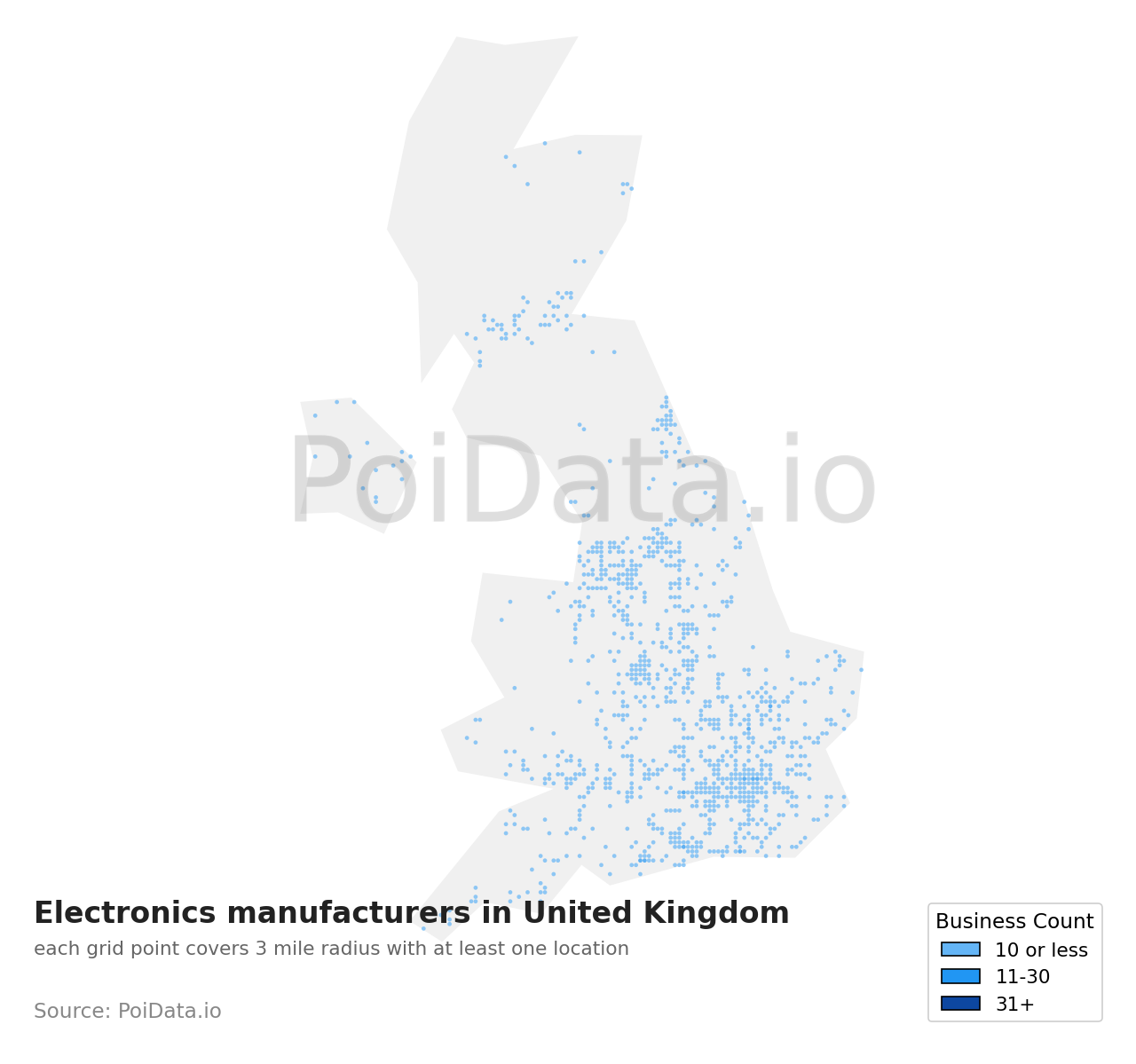 Electronics manufacturer density map for United Kingdom
