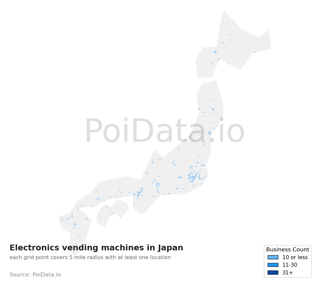 Electronics vending machine density map for Motoyoshi District, Miyagi, Japan
