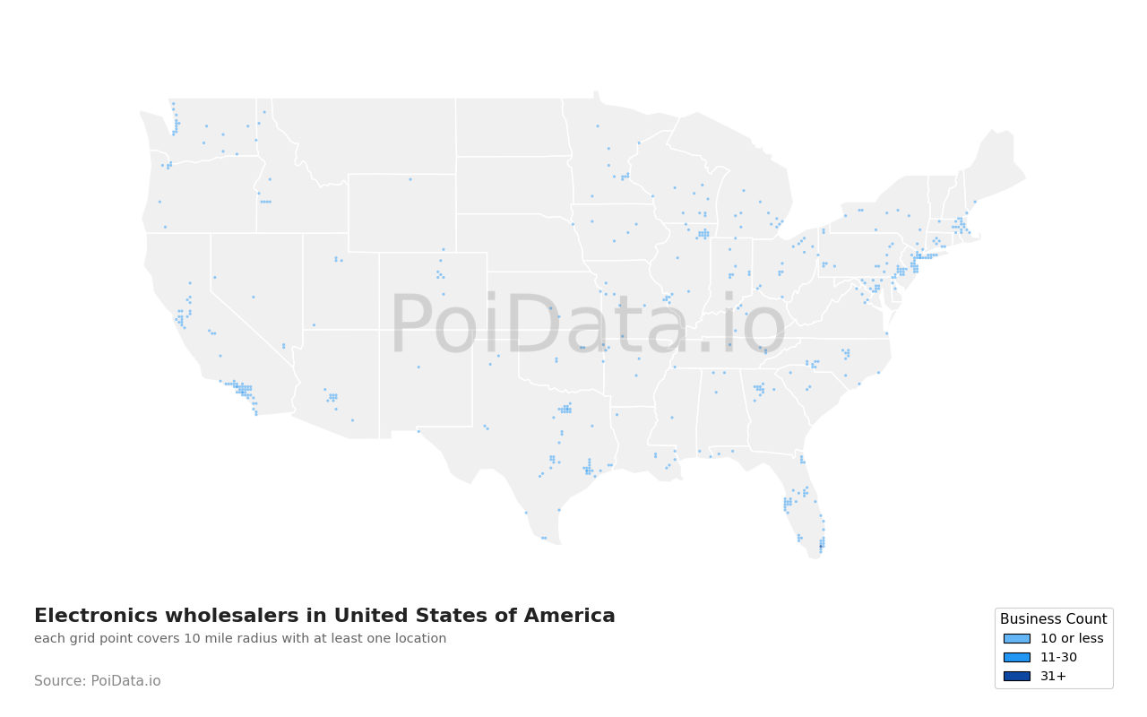 Electronics wholesaler density map for United States