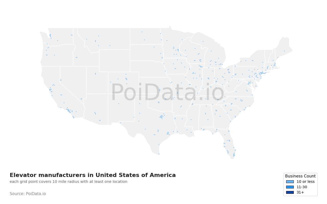Elevator manufacturer density map for United States