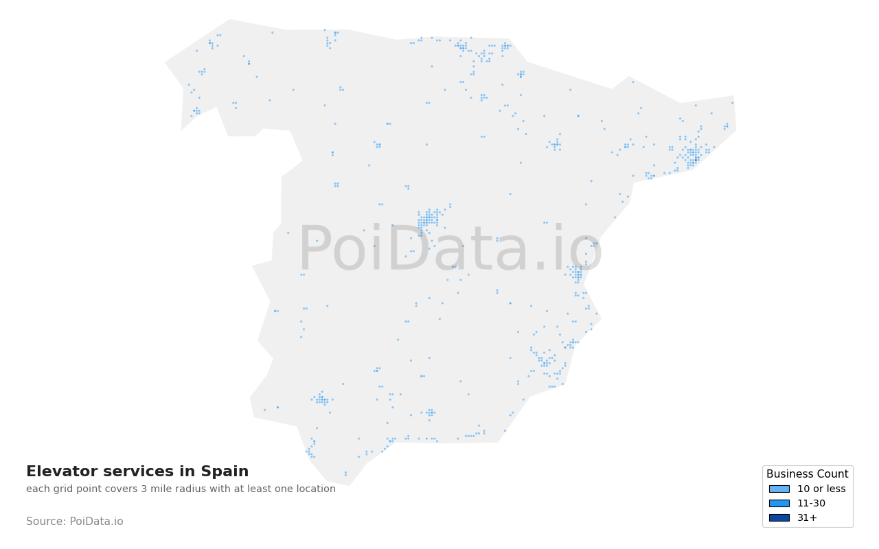Elevator service density map for Spain