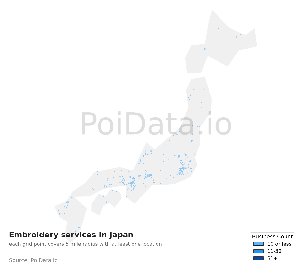 Embroidery service density map for Japan