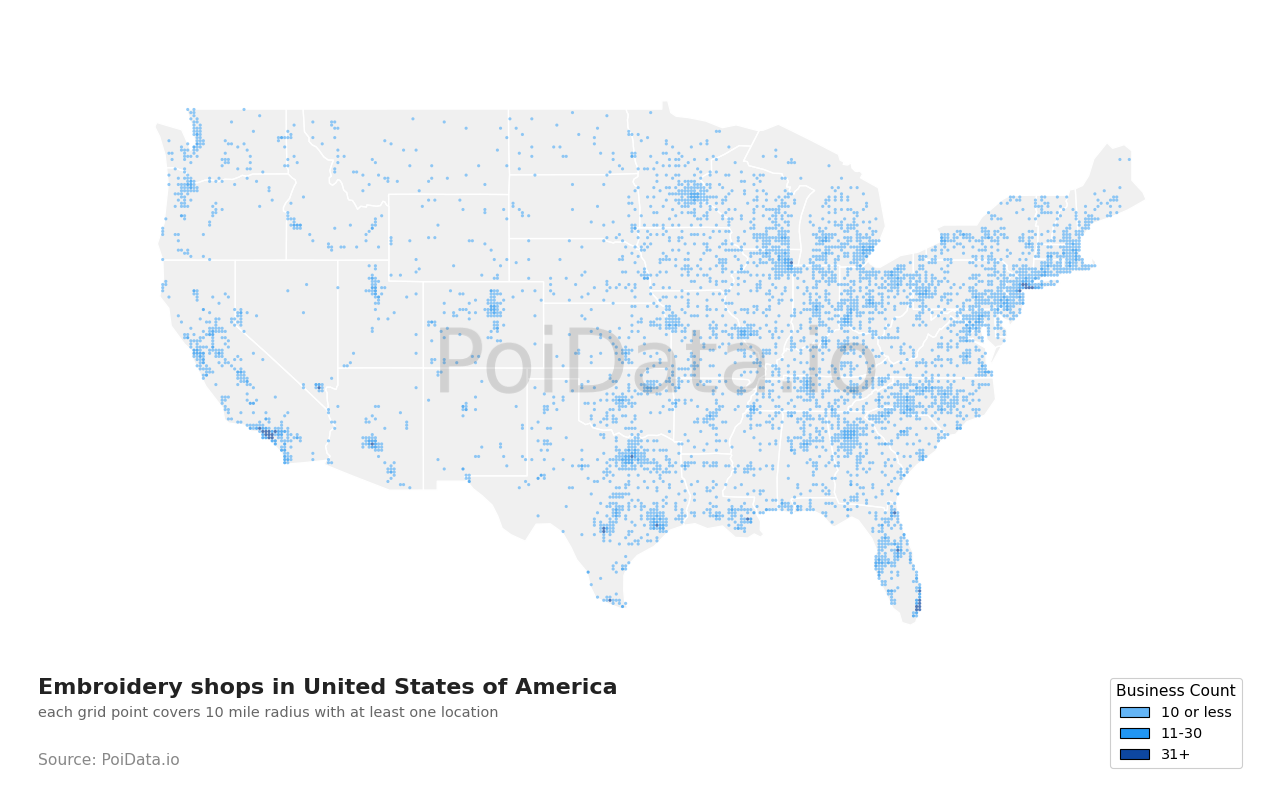 Embroidery shop density map for Ohio, United States