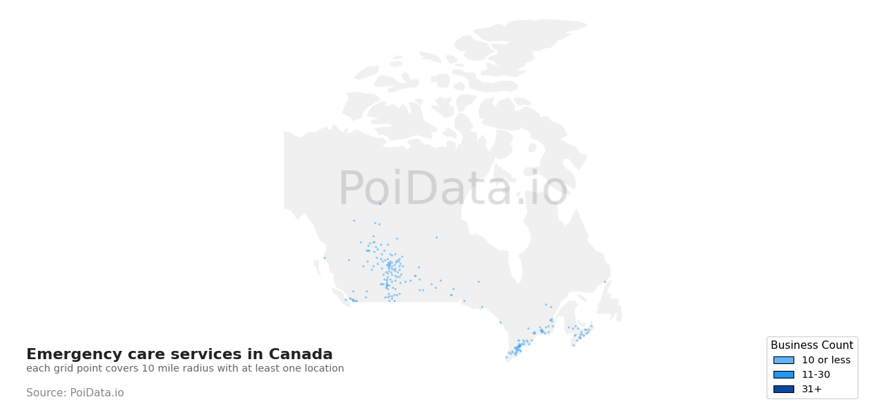 Emergency care service density map for New Brunswick, Canada