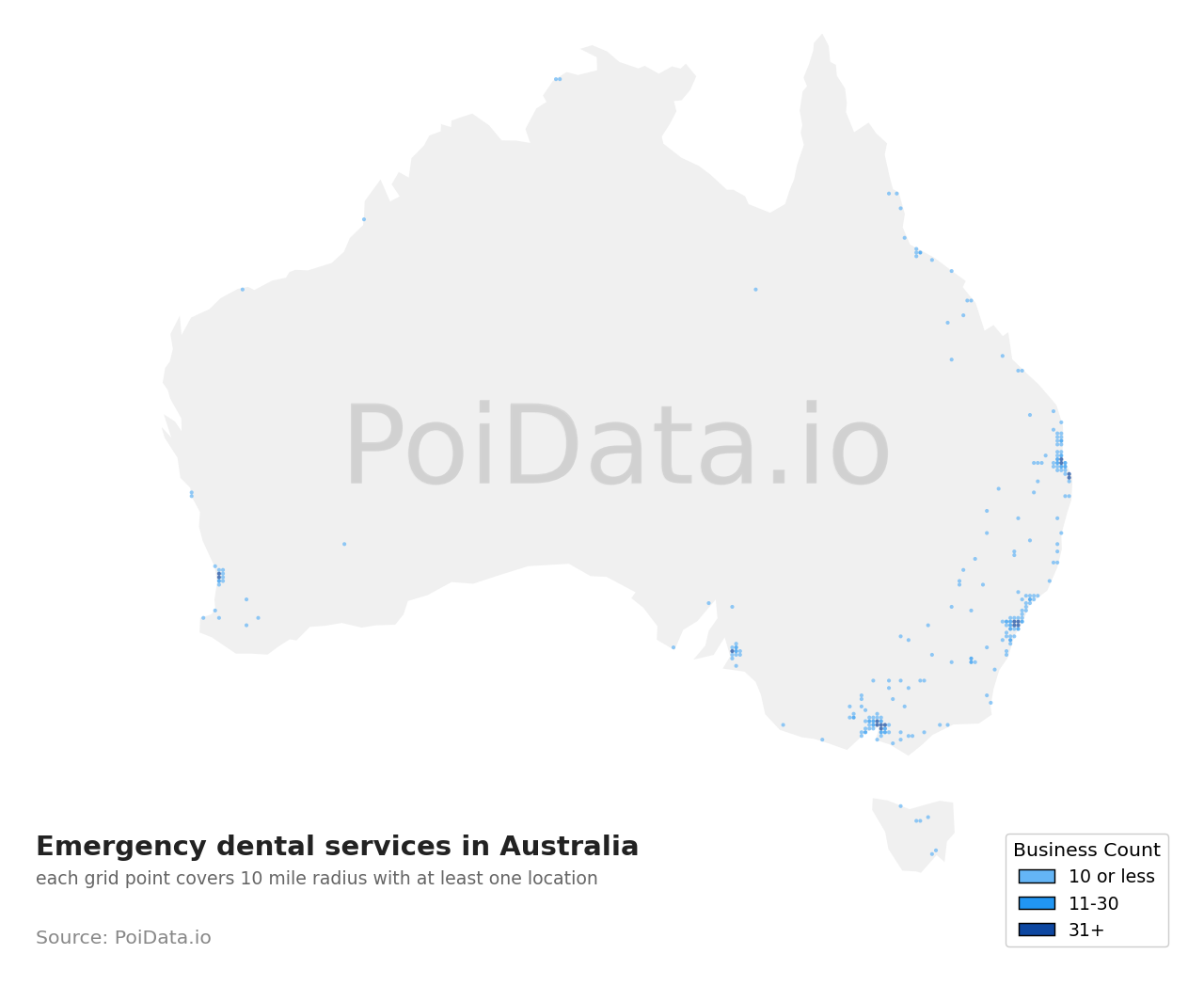 Emergency dental service density map for Australia