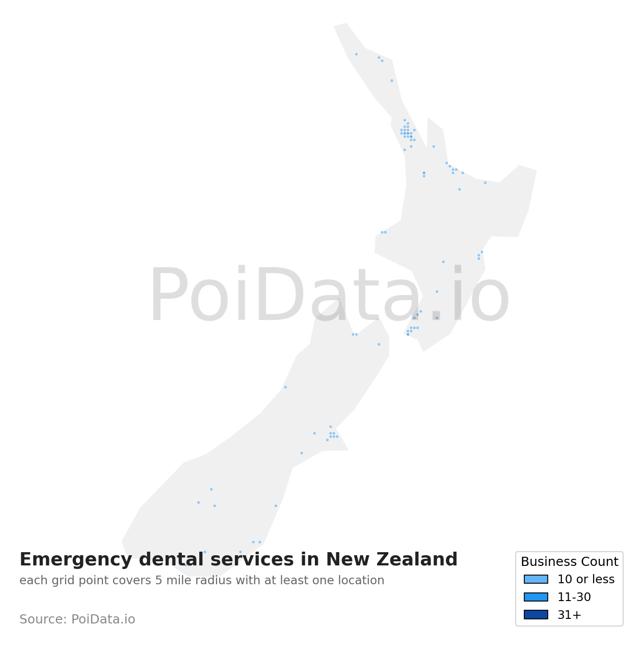 Emergency dental service density map for New Zealand