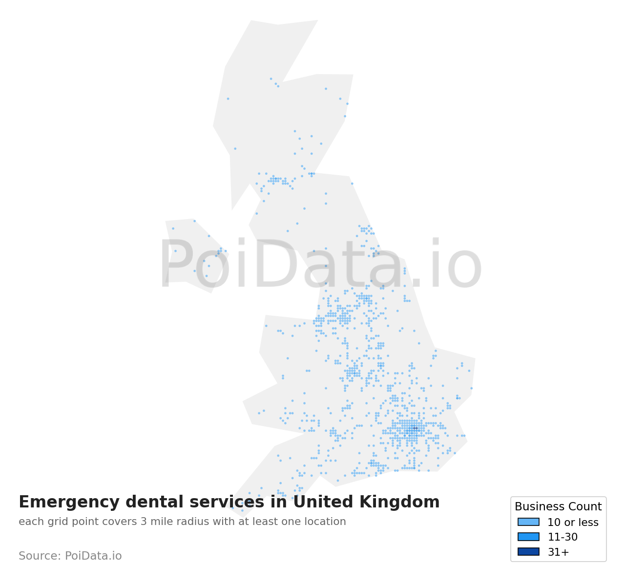 Emergency dental service density map for United Kingdom