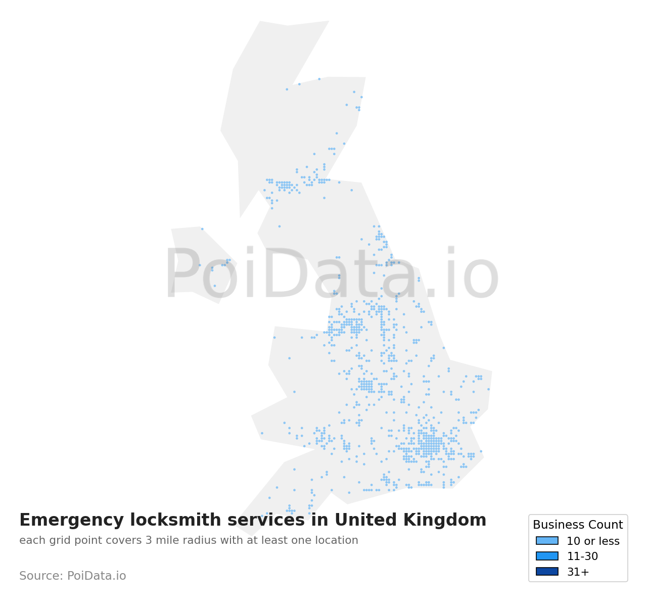 Emergency locksmith service density map for United Kingdom
