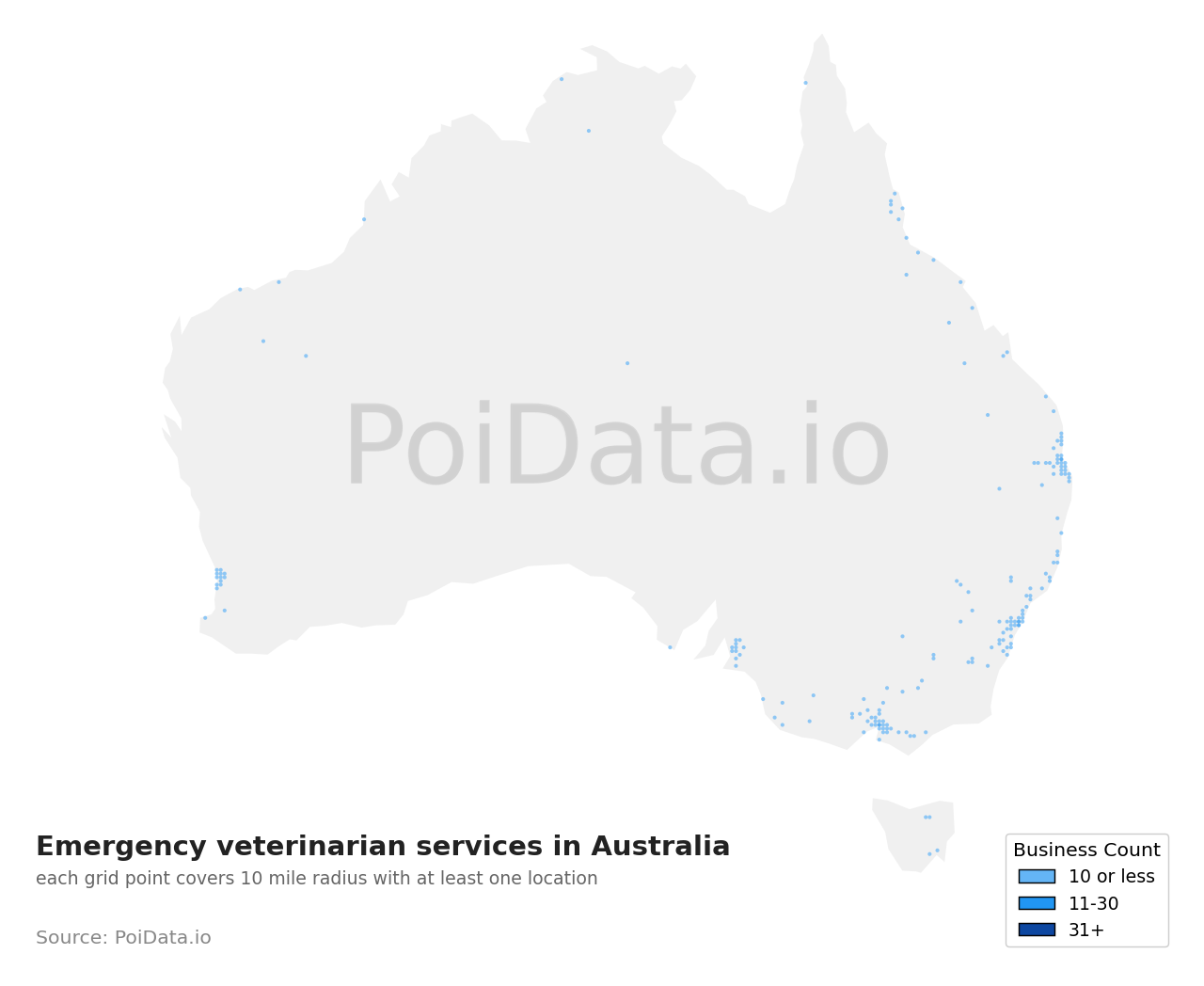 Emergency veterinarian service density map for Australia