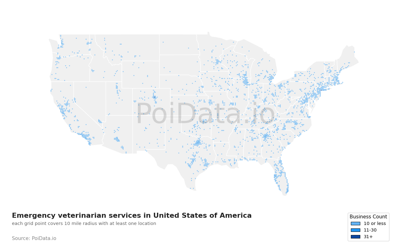 Emergency veterinarian service density map for United States