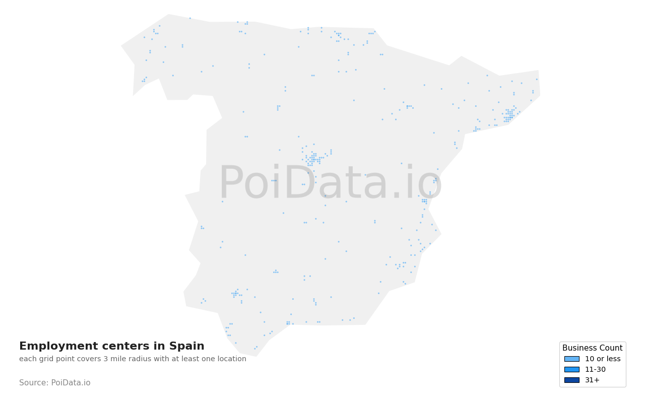 Employment center density map for Spain
