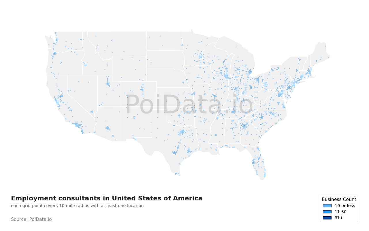 Employment consultant density map for Maryland, United States