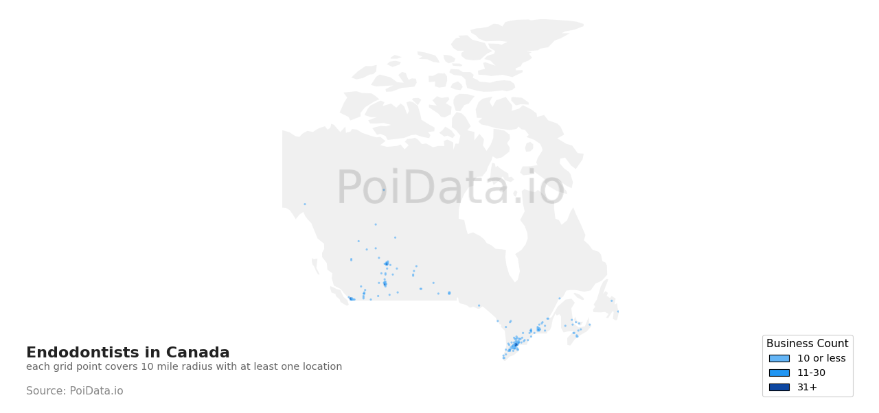 Endodontist density map for Newfoundland and Labrador, Canada