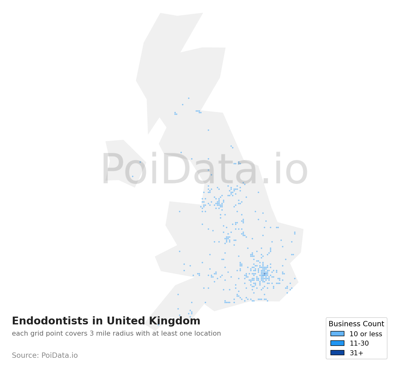 Endodontist density map for United Kingdom