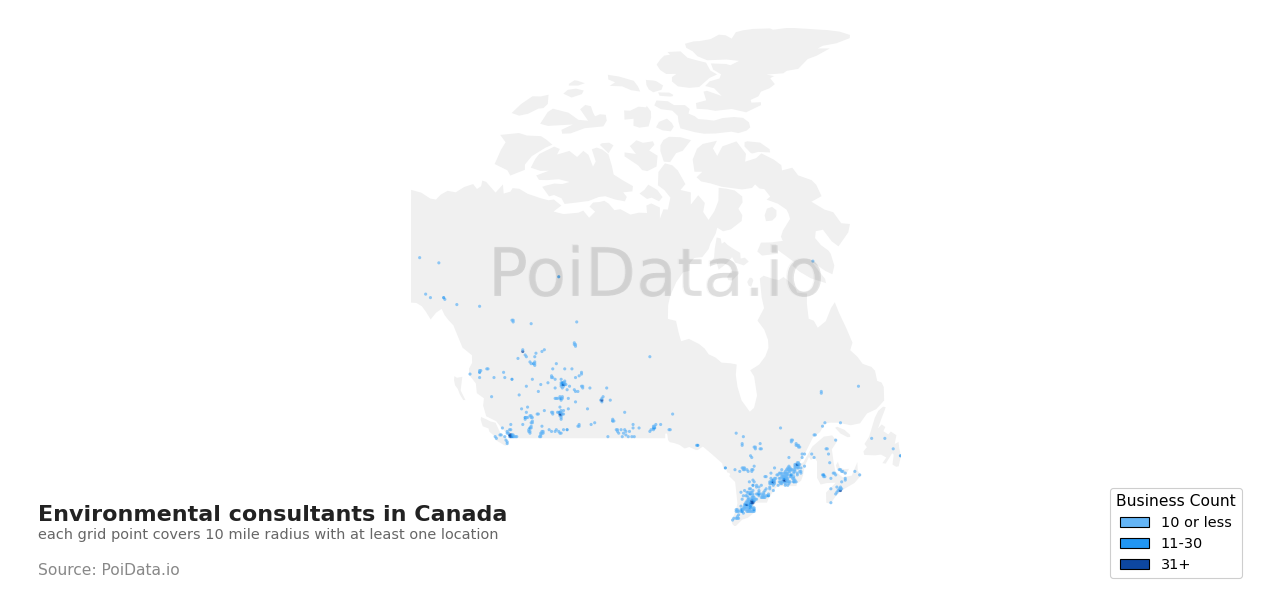 Environmental consultant density map for New Brunswick, Canada
