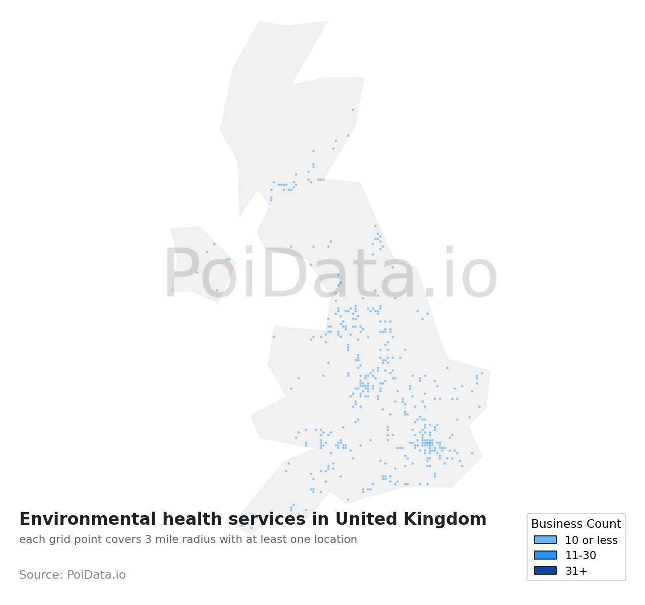 Environmental health service density map for United Kingdom