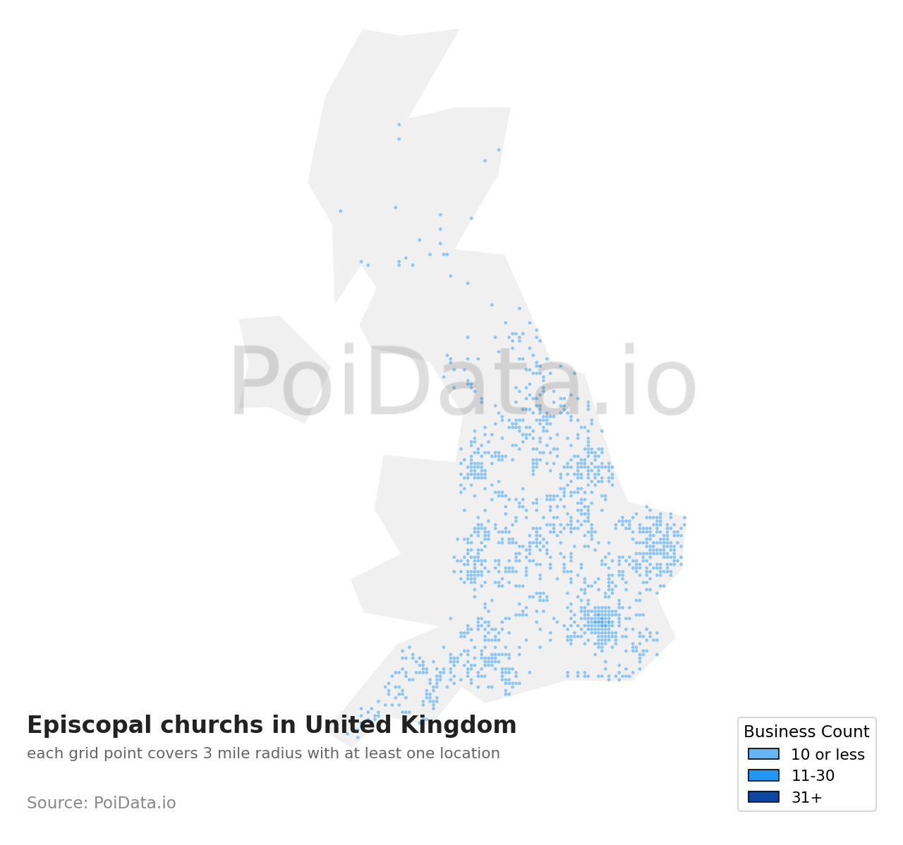 Episcopal church density map for United Kingdom