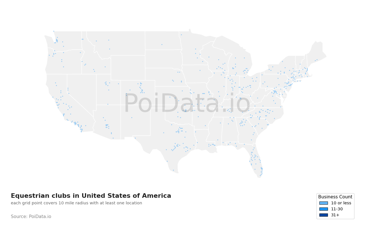 Equestrian club density map for California, United States