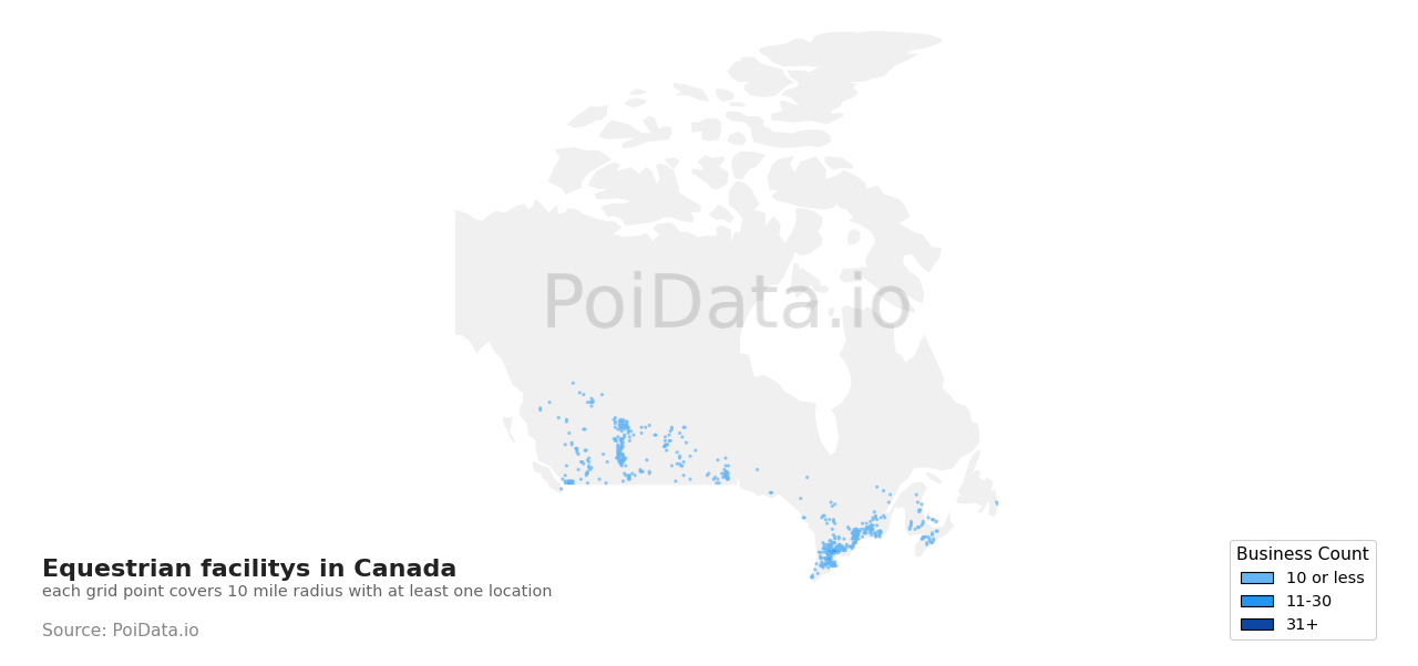 Equestrian facility density map for Ontario, Canada