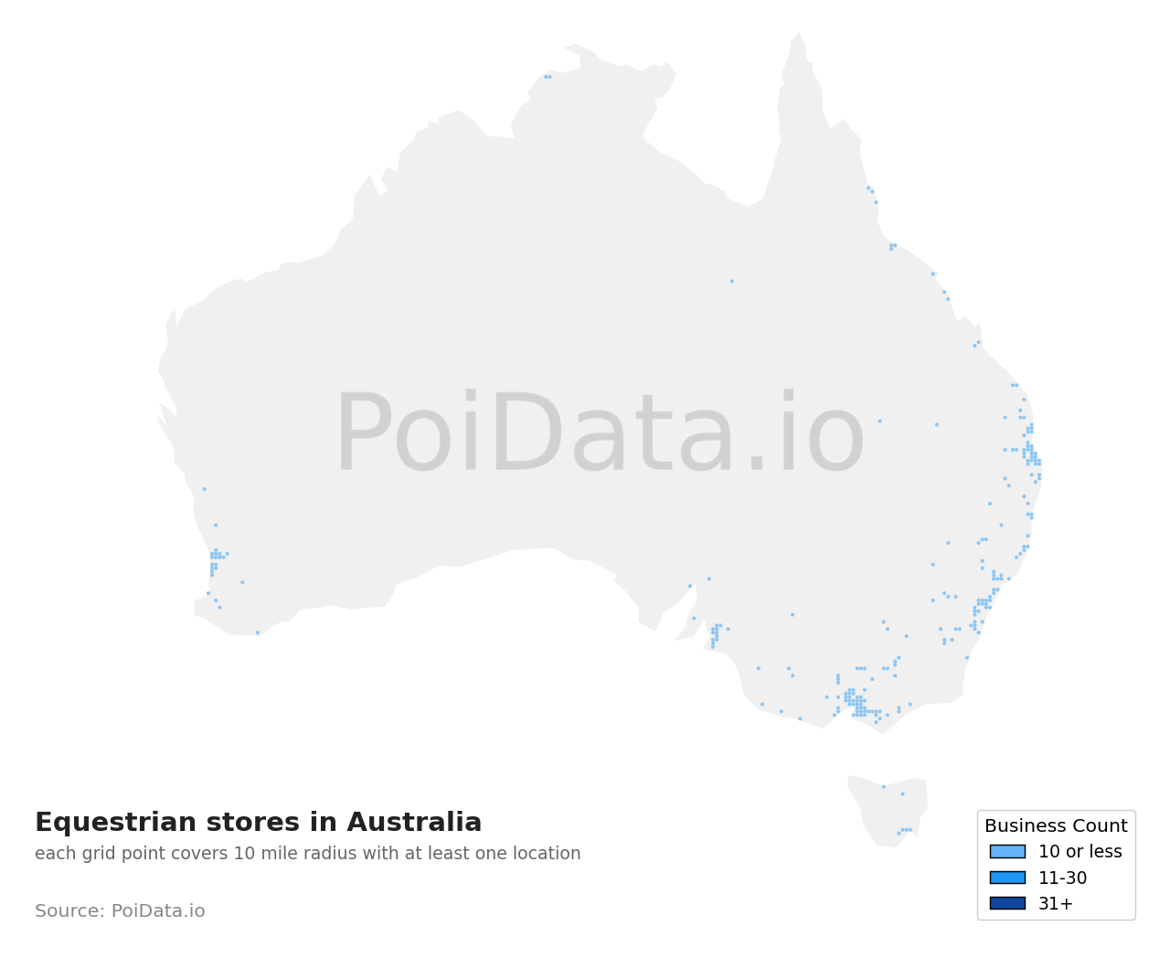 Equestrian store density map for Western Australia, Australia