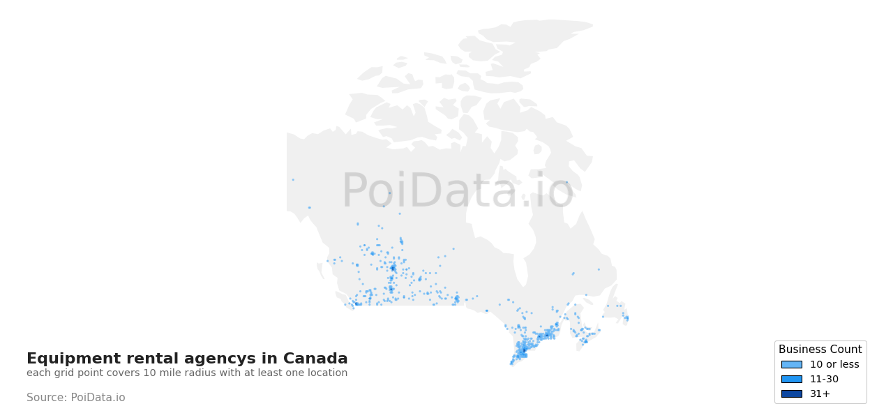 Equipment rental agency density map for Quebec, Canada