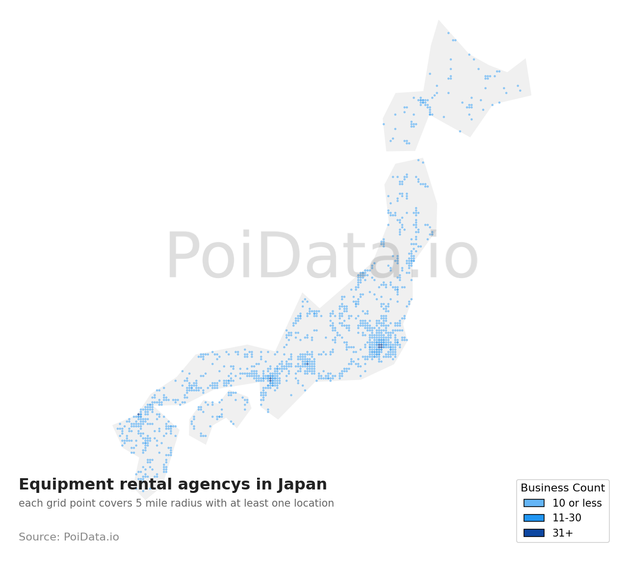 Equipment rental agency density map for Japan