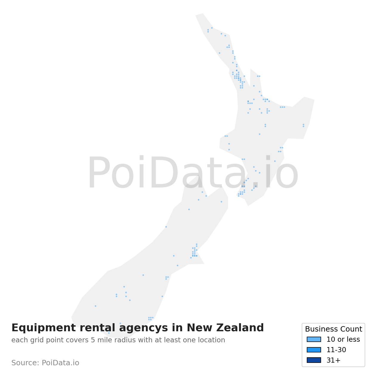 Equipment rental agency density map for New Zealand