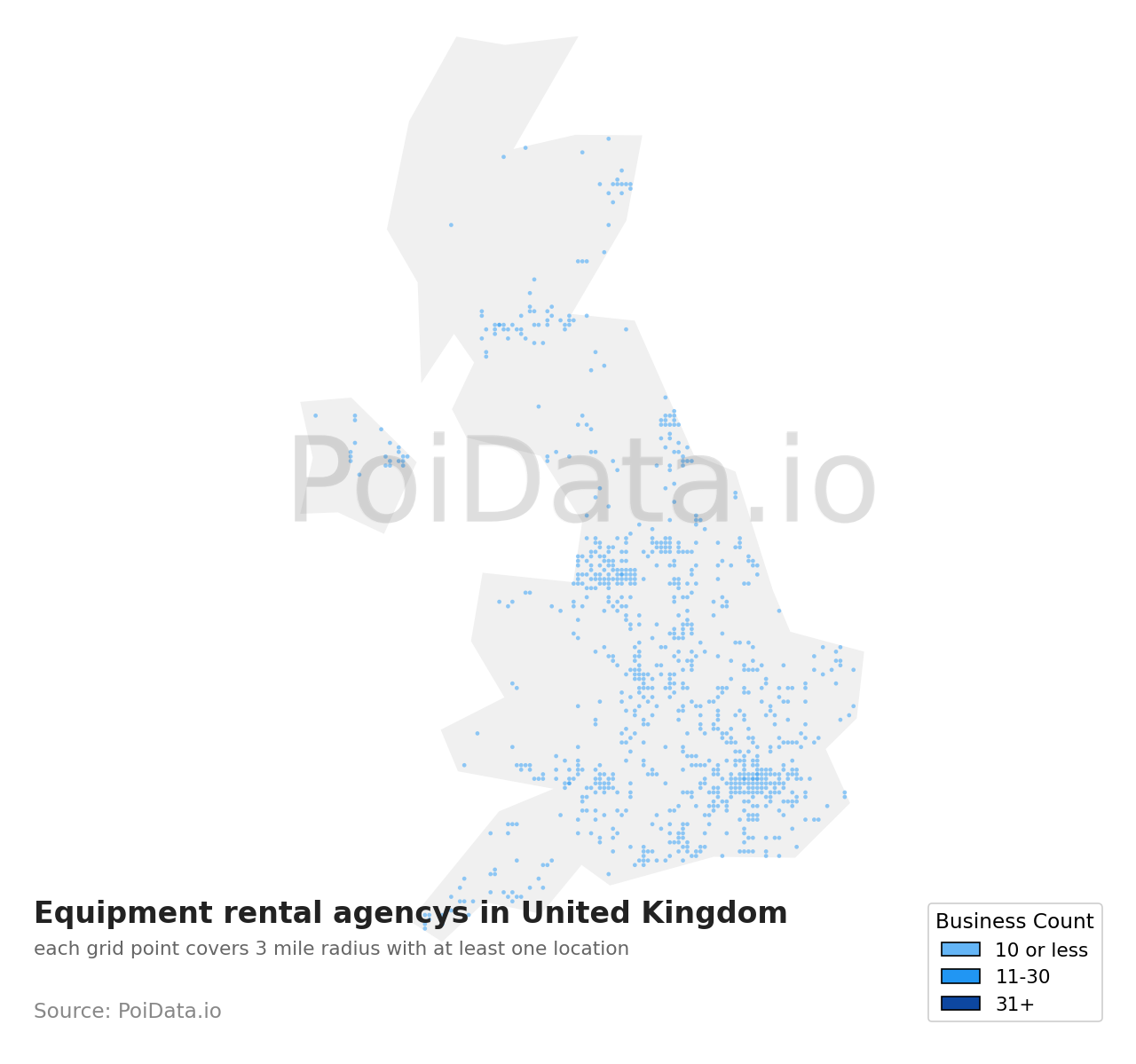 Equipment rental agency density map for United Kingdom