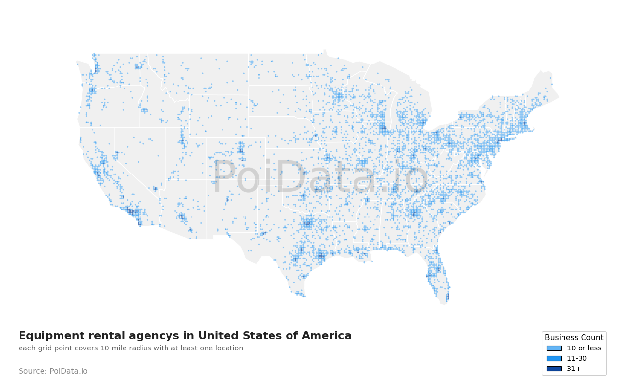 Equipment rental agency density map for California, United States