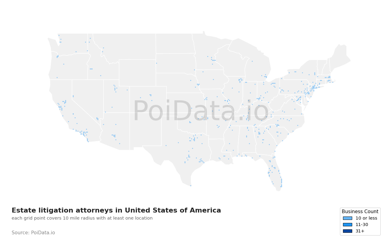 Estate litigation attorney density map for United States