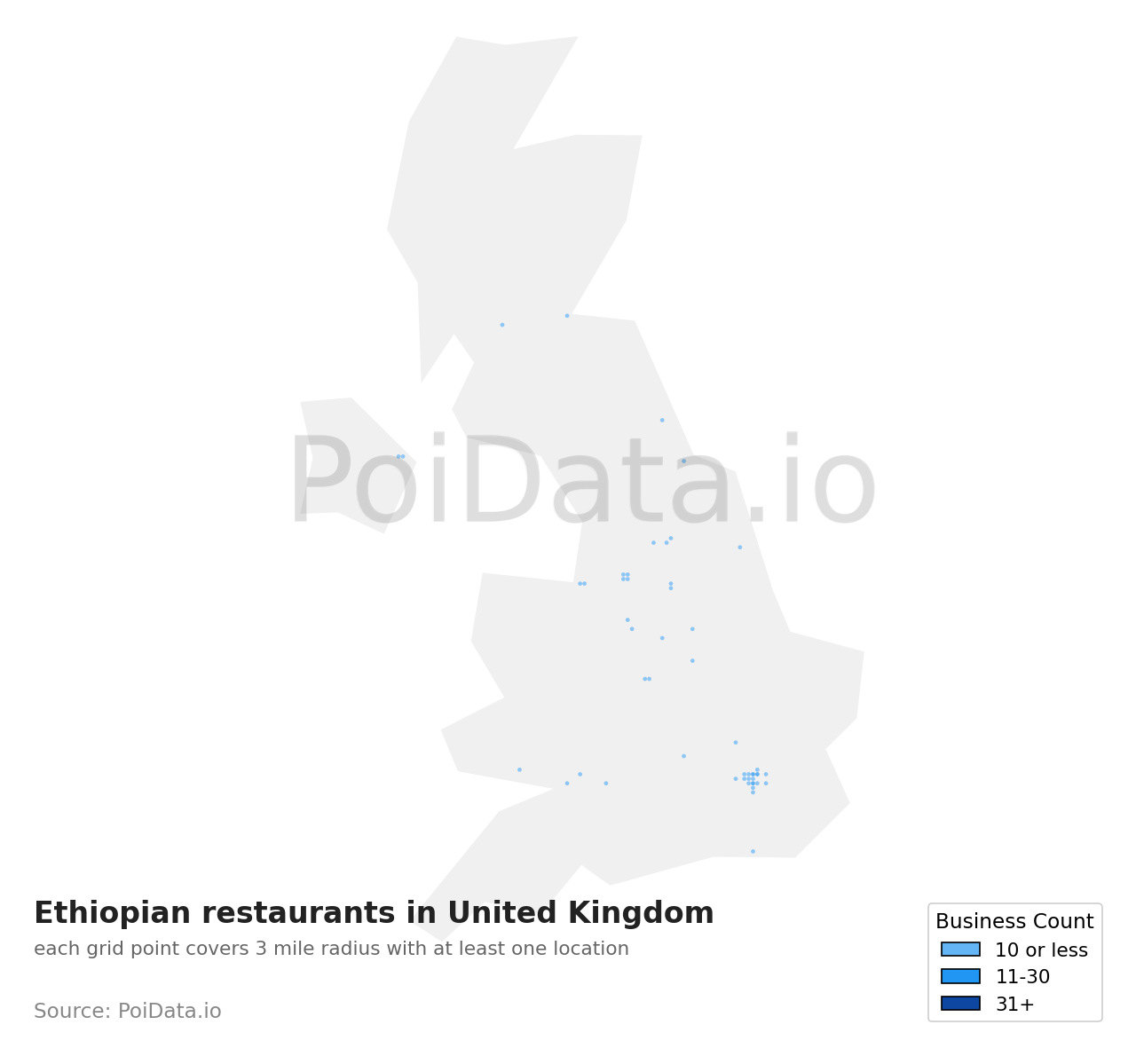 Ethiopian restaurant density map for United Kingdom