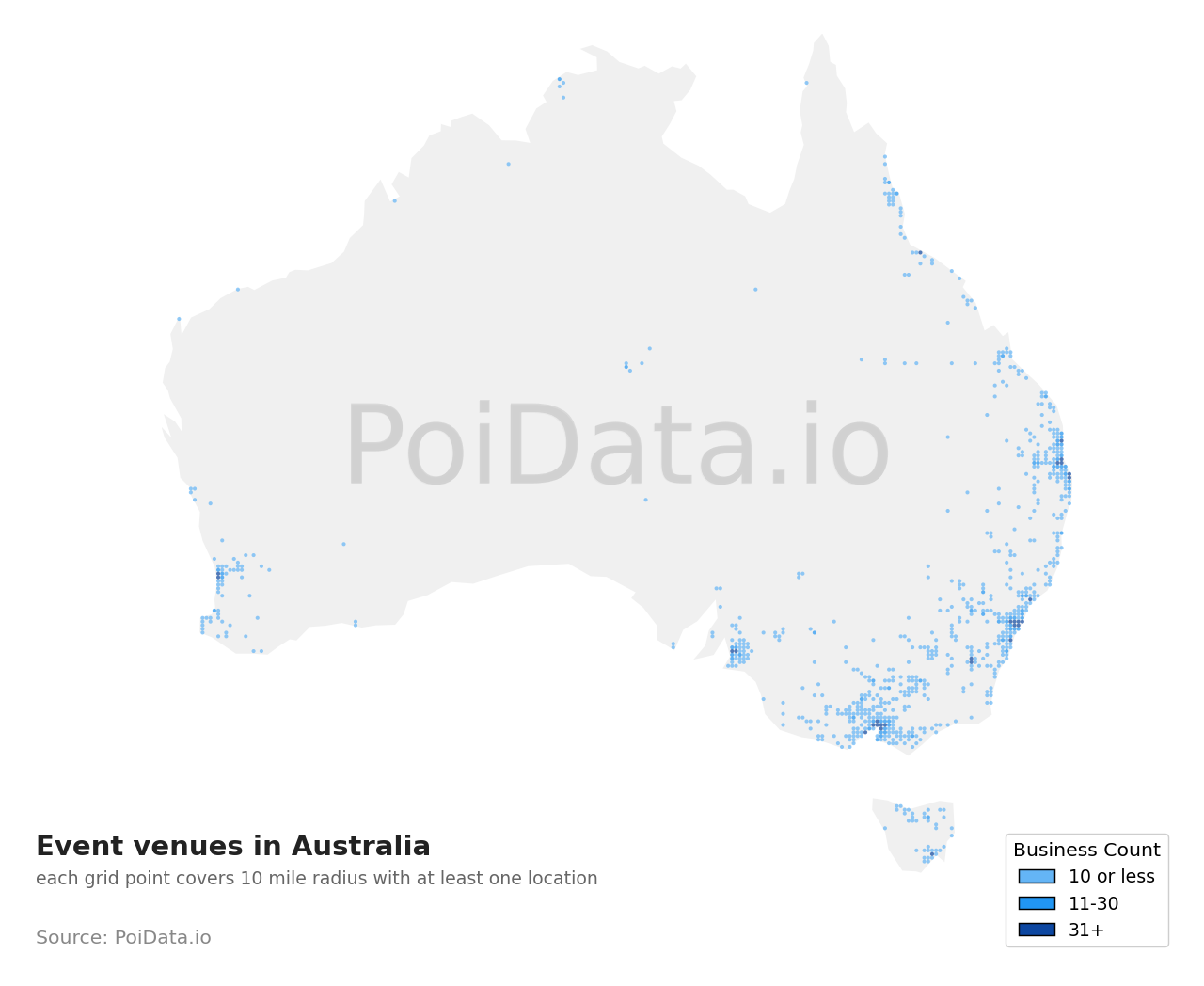 Event venue density map for TAS, Australia