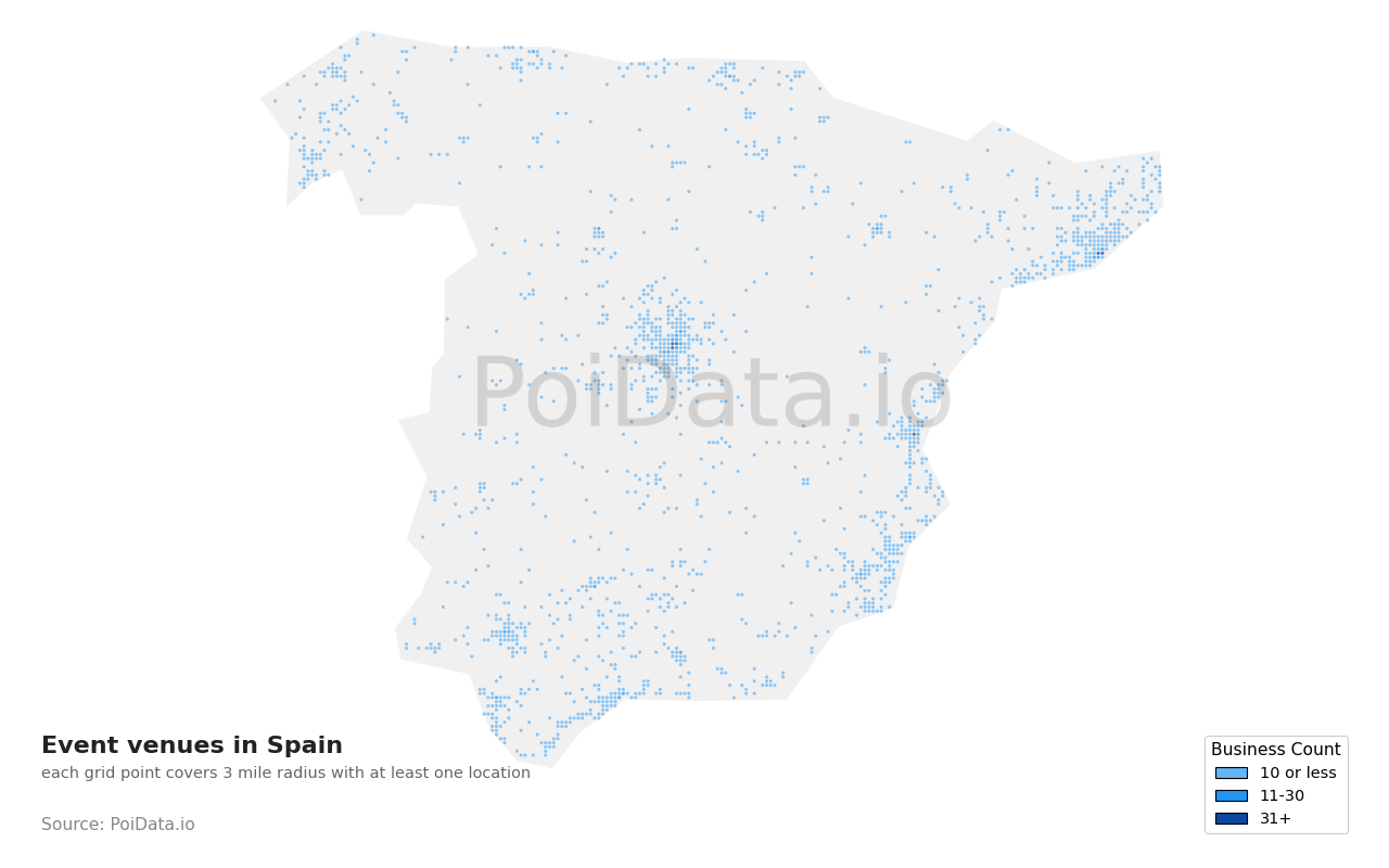 Event venue density map for Spain