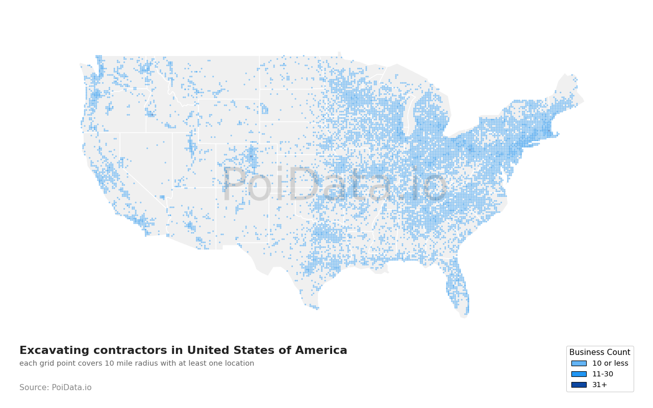 Excavating contractor density map for Florida, United States