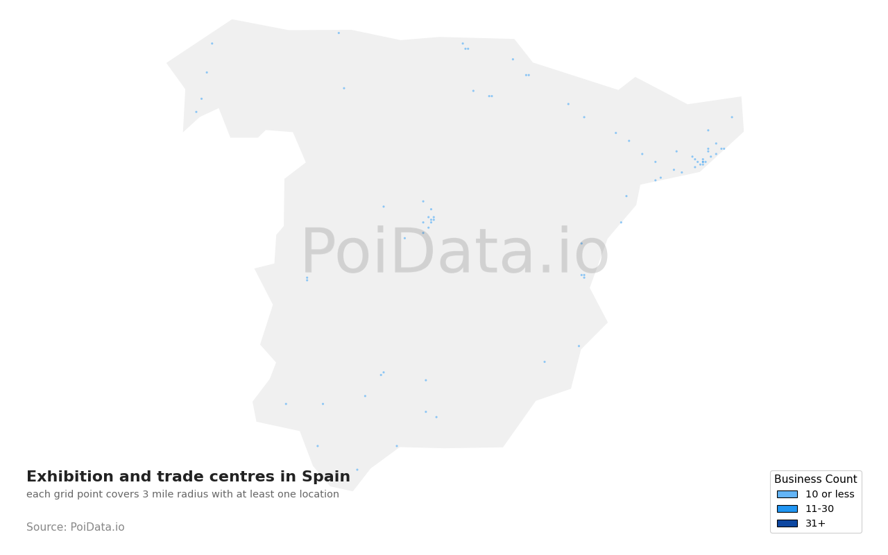 Exhibition and trade centre density map for Spain