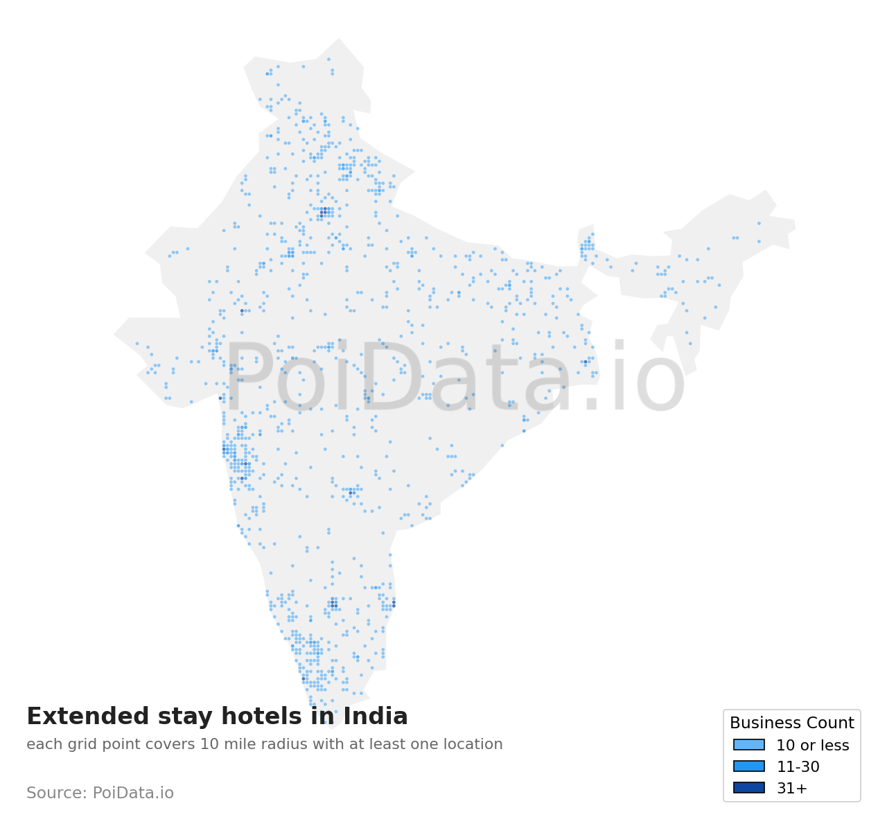Extended stay hotel density map for India