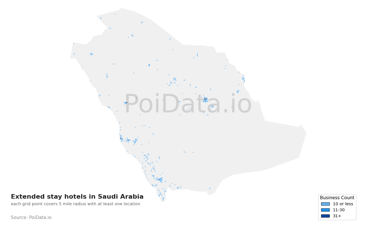 Extended stay hotel density map for Saudi Arabia
