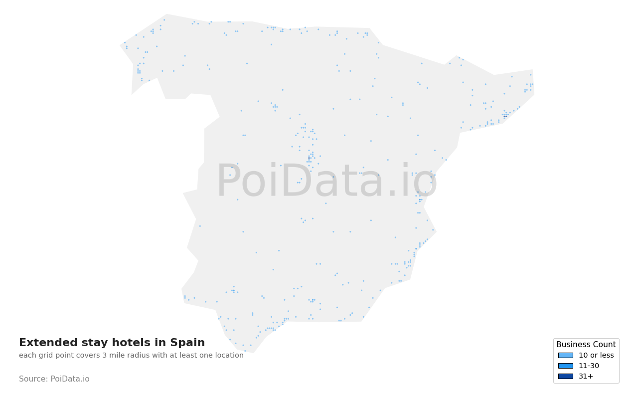 Extended stay hotel density map for Spain