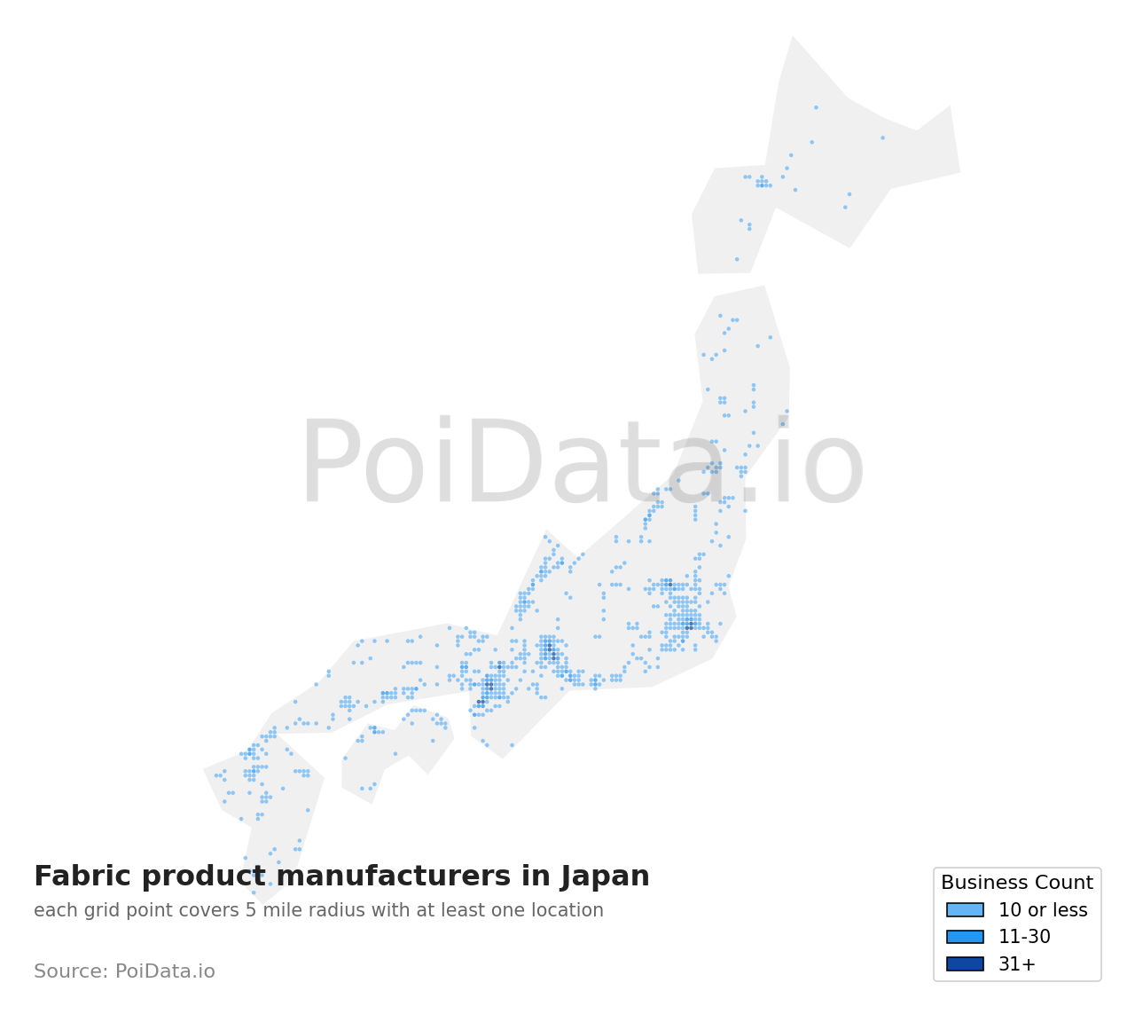 Fabric product manufacturer density map for Japan