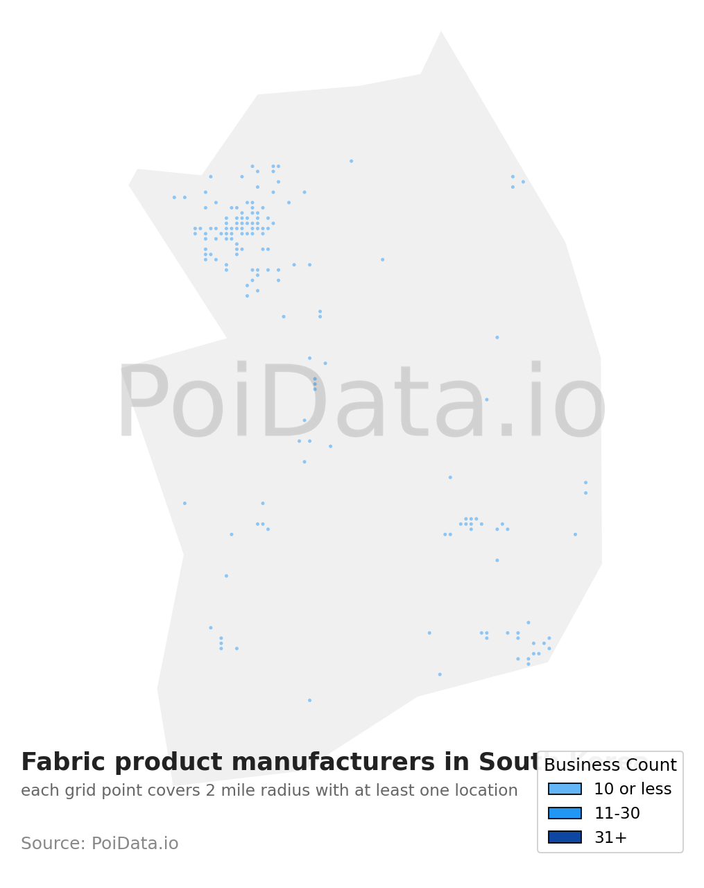 Fabric product manufacturer density map for South Korea
