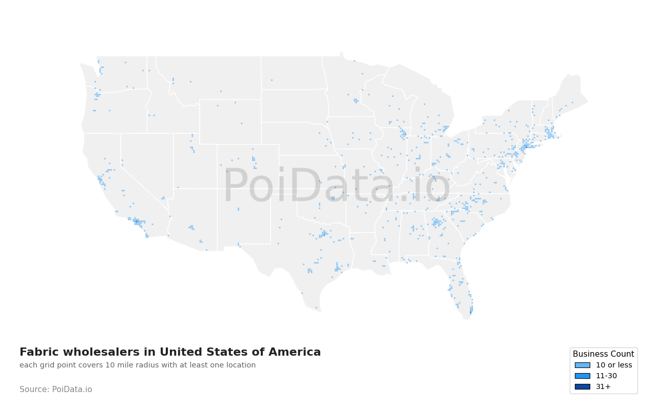 Fabric wholesaler density map for Texas, United States
