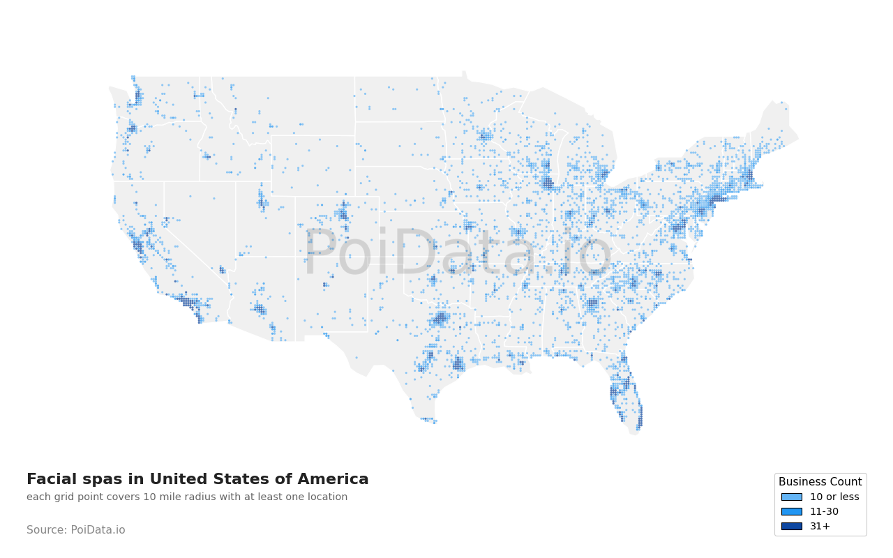Facial spa density map for Florida, United States