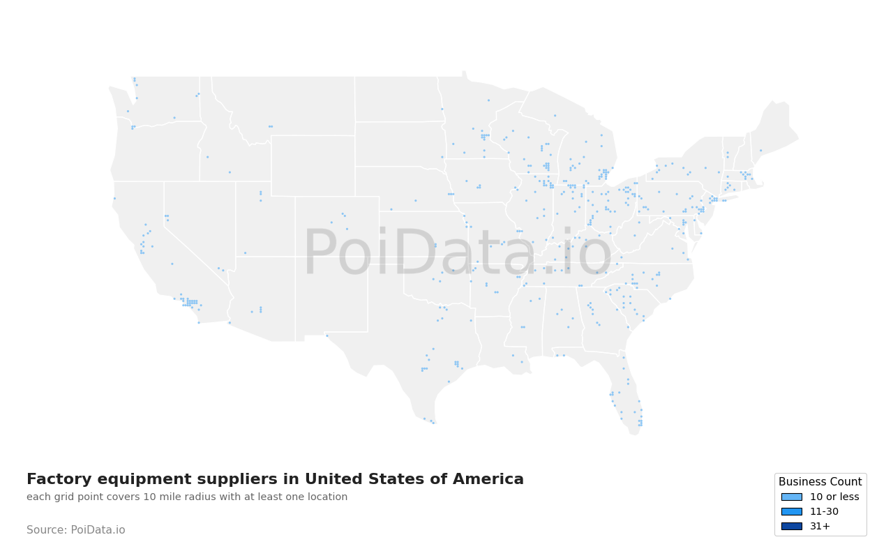 Factory equipment supplier density map for Tennessee, United States