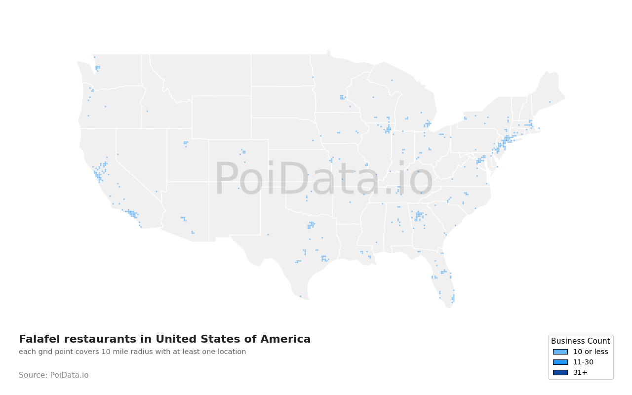 Falafel restaurant density map for Texas, United States