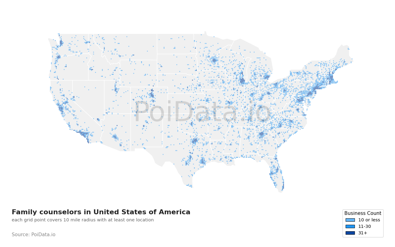 Family counselor density map for Florida, United States