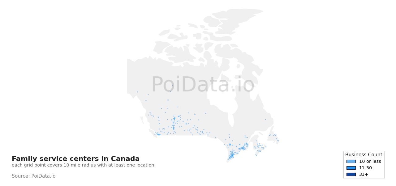 Family service center density map for Canada